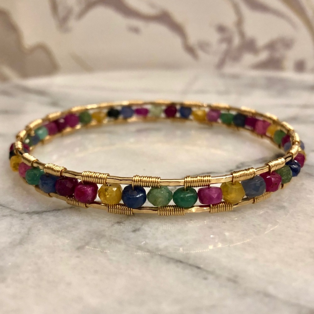 Genuine Sapphire Multicolor Gold Bangle Handmade